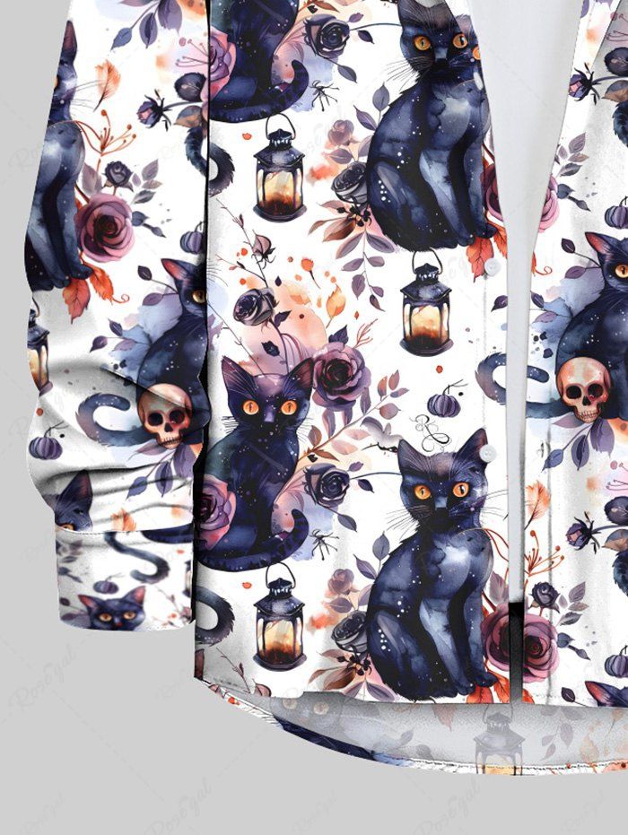 Gothic Cat Skulls Rose Flower Leaf Print Halloween Buttons Shirt For Men