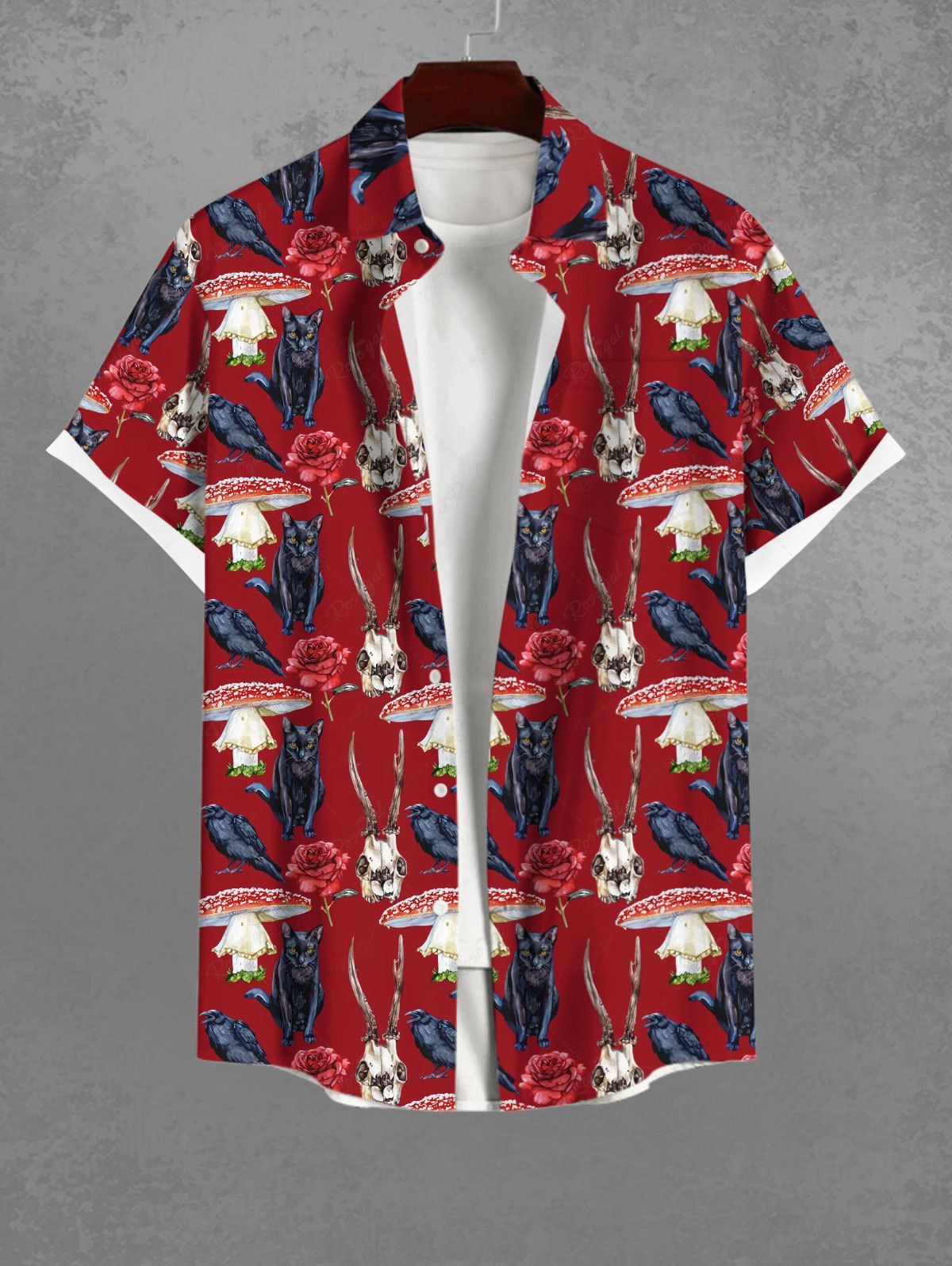 Gothic Eagle Mushroom Cat Flower Rabbit Print Halloween Button Pocket Shirt For Men