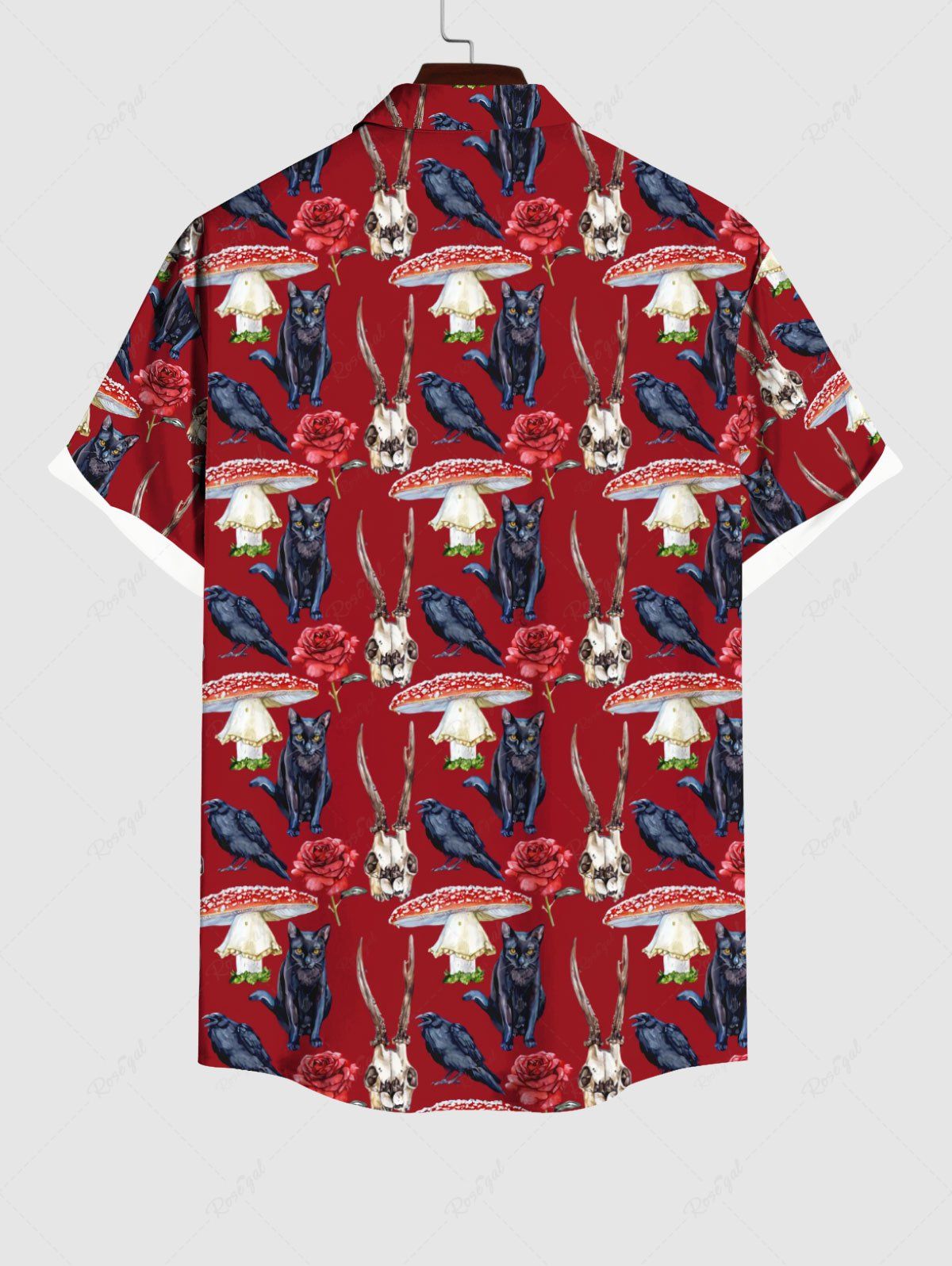 Gothic Eagle Mushroom Cat Flower Rabbit Print Halloween Button Pocket Shirt For Men