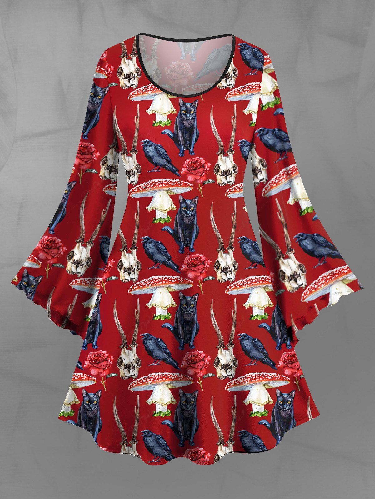 Gothic Eagle Mushroom Cat Flower Rabbit Print Halloween Costume A Line Dress