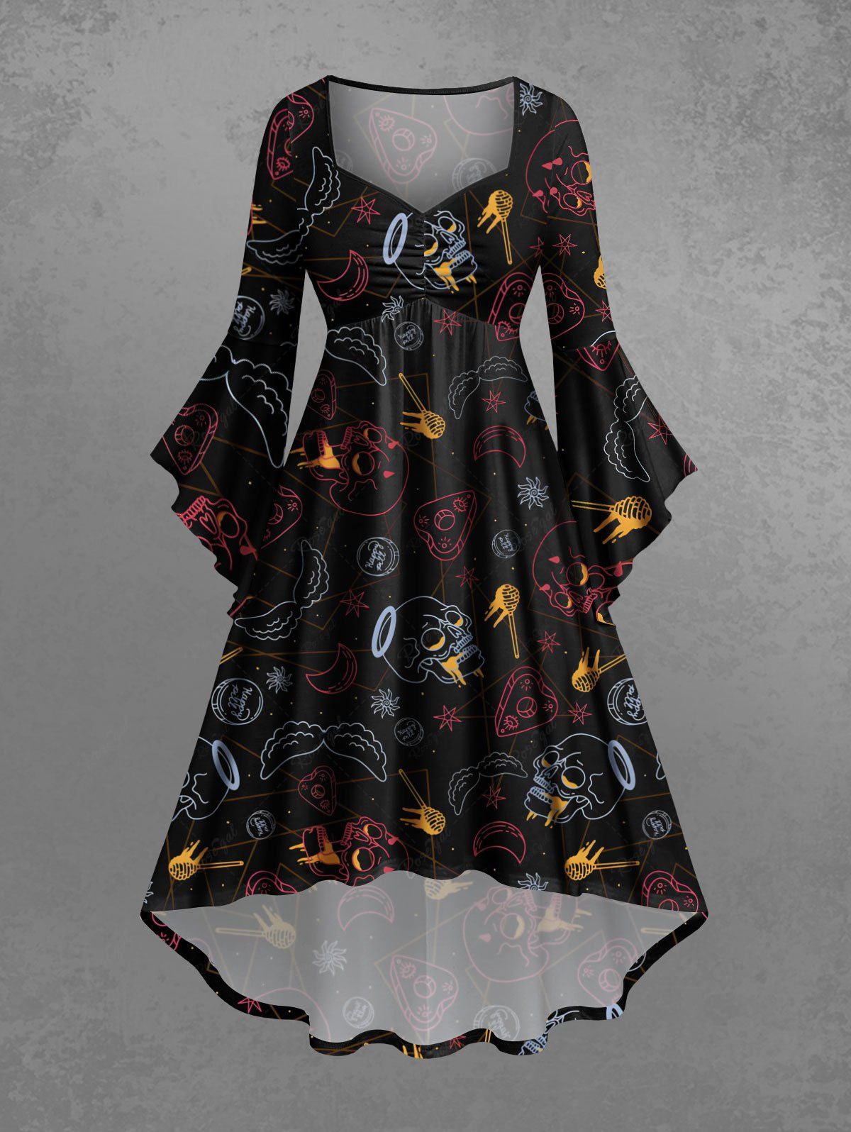 Gothic Skull Wing Moon Star Guitar Heart Print Halloween Costume Ruched High Low Asymmetric Dress