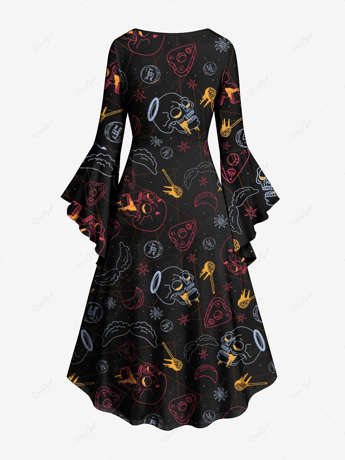 Gothic Skull Wing Moon Star Guitar Heart Print Halloween Costume Ruched High Low Asymmetric Dress