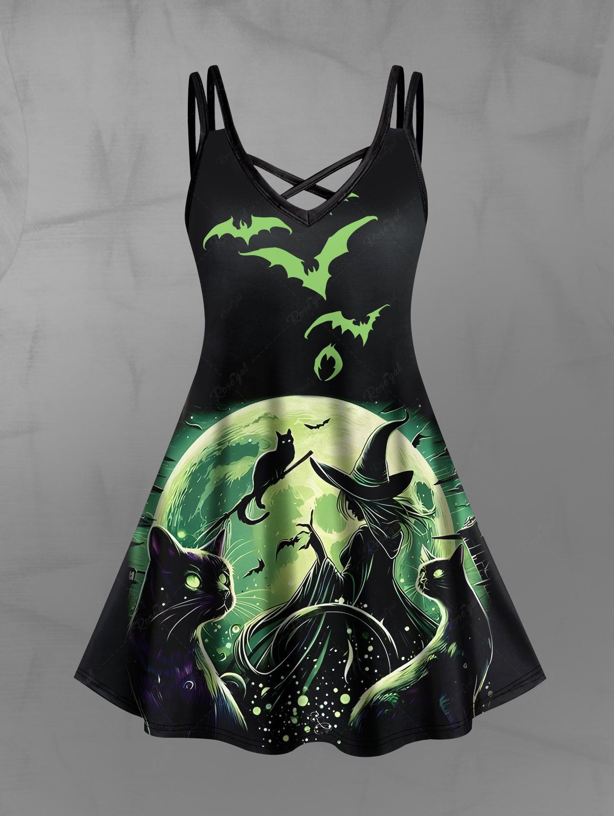 Gothic Plus Size Wizard Cat Glitter Moon Bat Print Halloween Costume Crisscross A Line Cami Dress