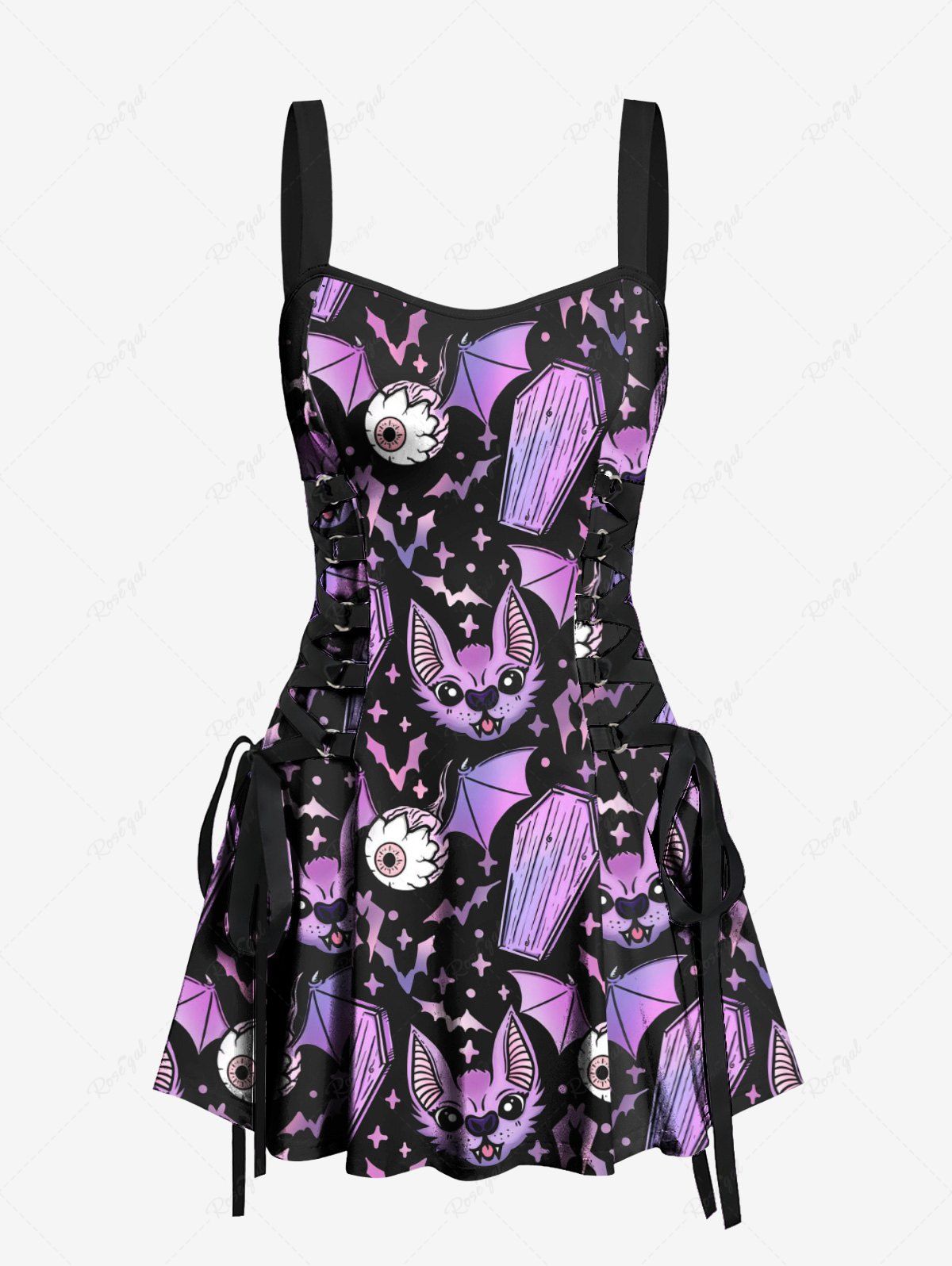 Gothic Eye Bat Cat Tombstone Print Halloween Costume Lace Up A Line Tank Dress