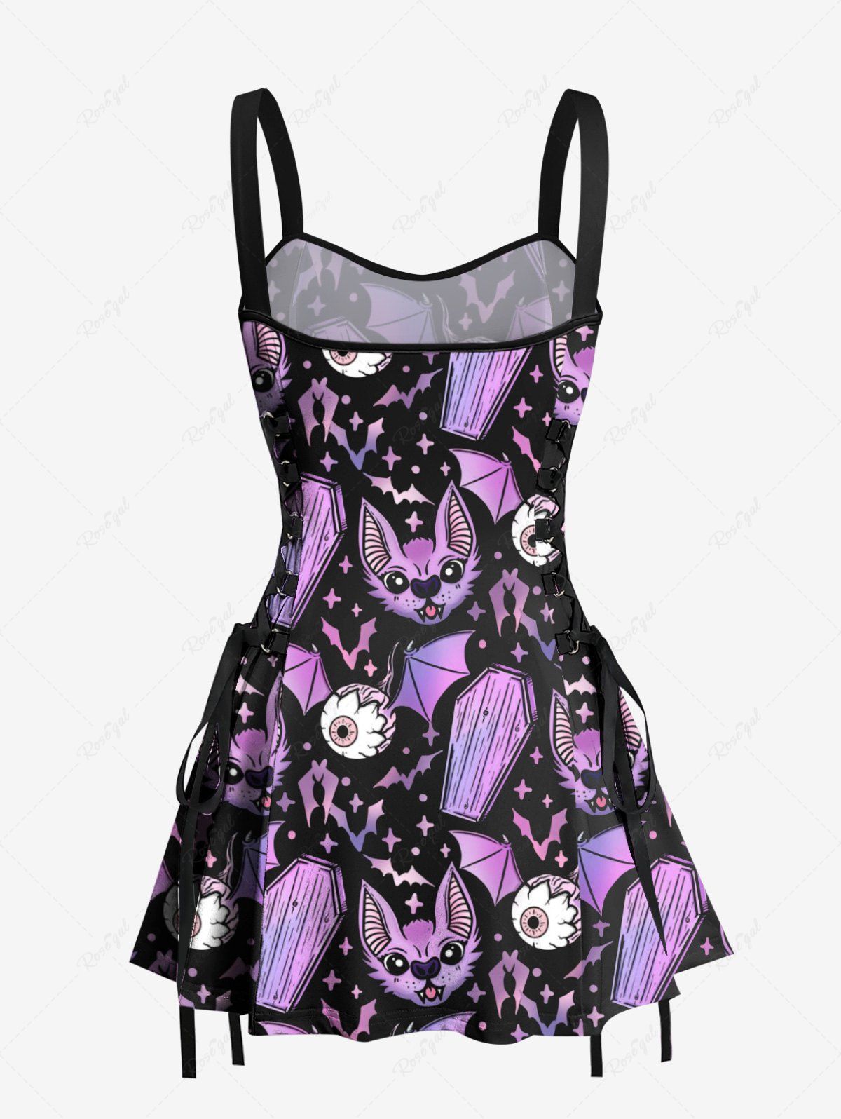 Gothic Eye Bat Cat Tombstone Print Halloween Costume Lace Up A Line Tank Dress