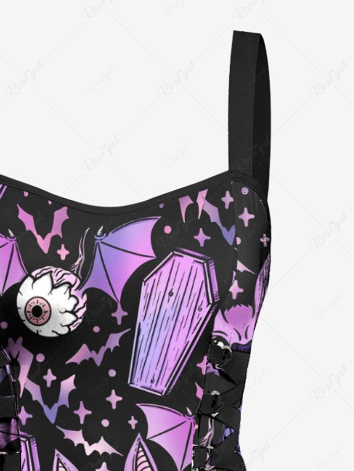 Gothic Eye Bat Cat Tombstone Print Halloween Costume Lace Up A Line Tank Dress