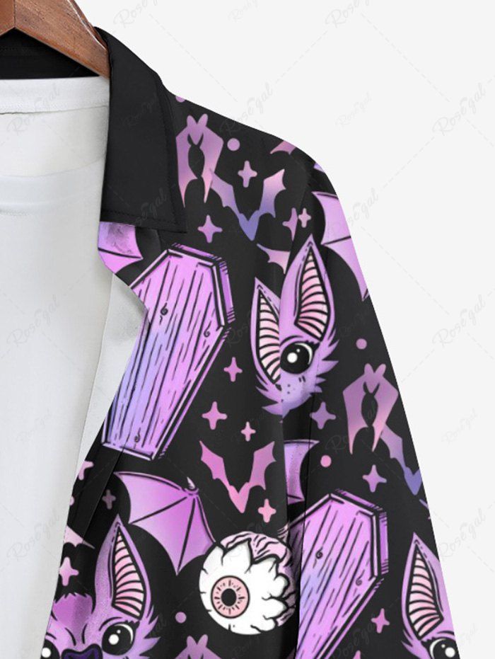 Gothic Plus Size Eye Bat Cat Tombstone Print Halloween Button Shirt For Men