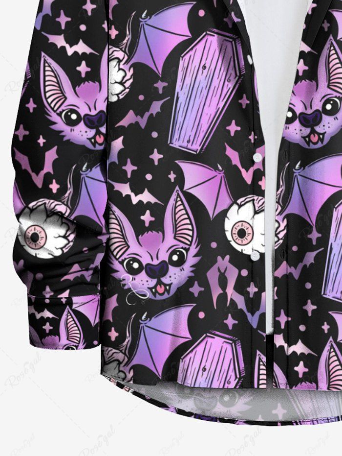 Gothic Plus Size Eye Bat Cat Tombstone Print Halloween Button Shirt For Men