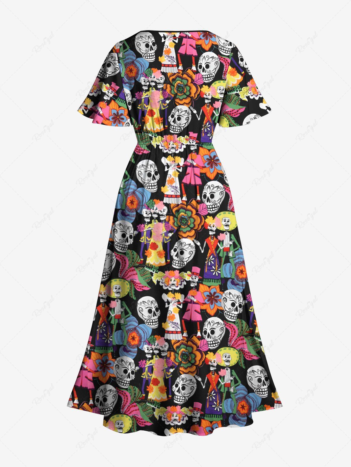 Gothic Plus Size Skull Flower Colorblock Print Halloween Costume Split Pocket A Line Midi Dress