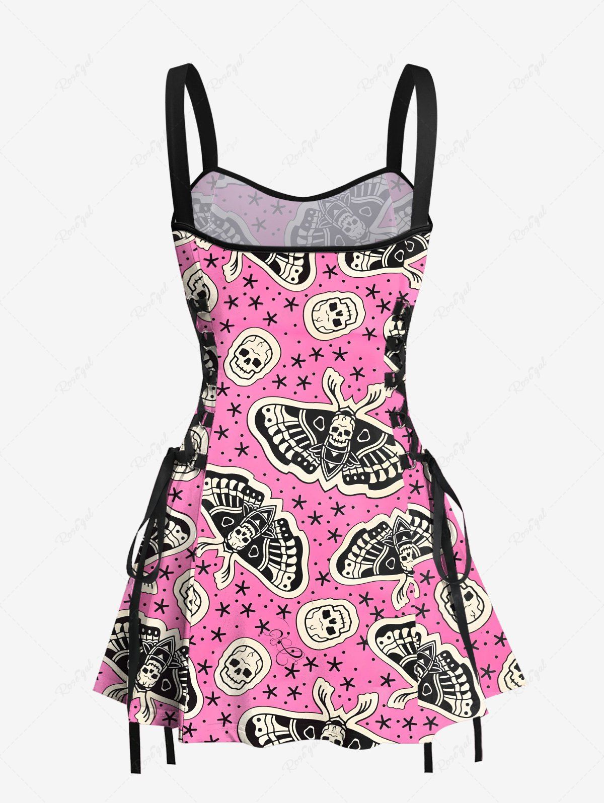 Gothic Skull Butterfly Stars Print Halloween Costume Lace Up A Line Tank Dress