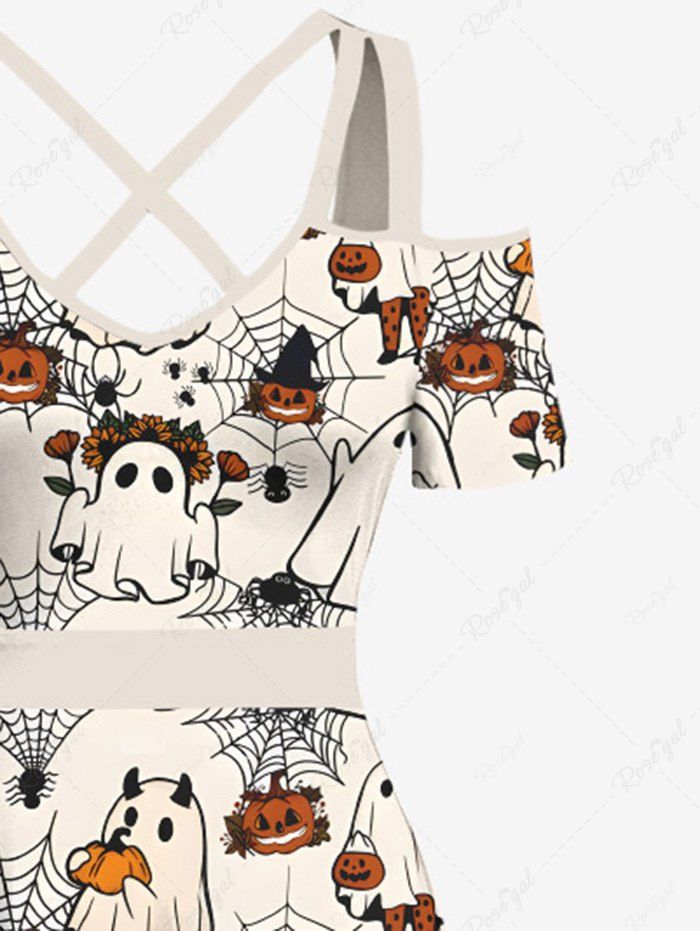 Gothic Plus Size Ghost Pumpkin Spider Web Print Halloween Costume Crisscross A Line Maxi Dress