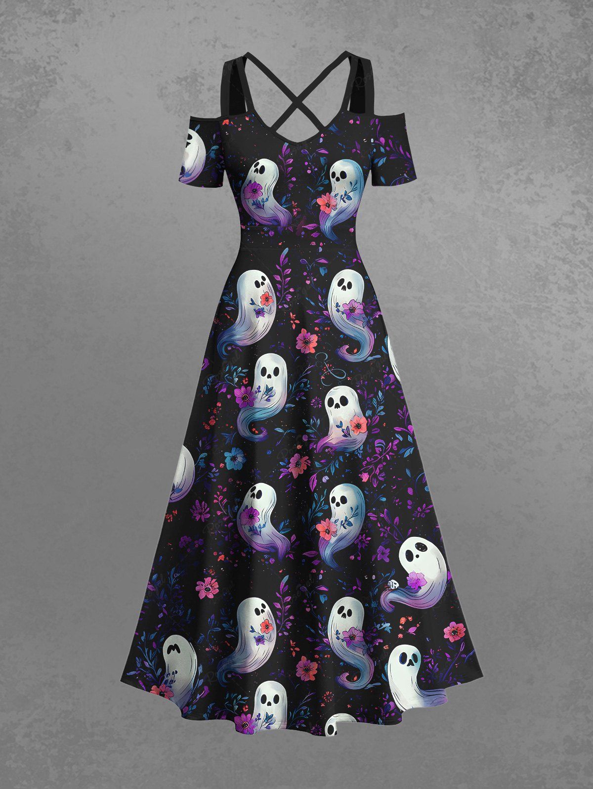 Gothic Plus Size Cute Ghost Flower Print Halloween Costume Crisscross A Line Maxi Dress