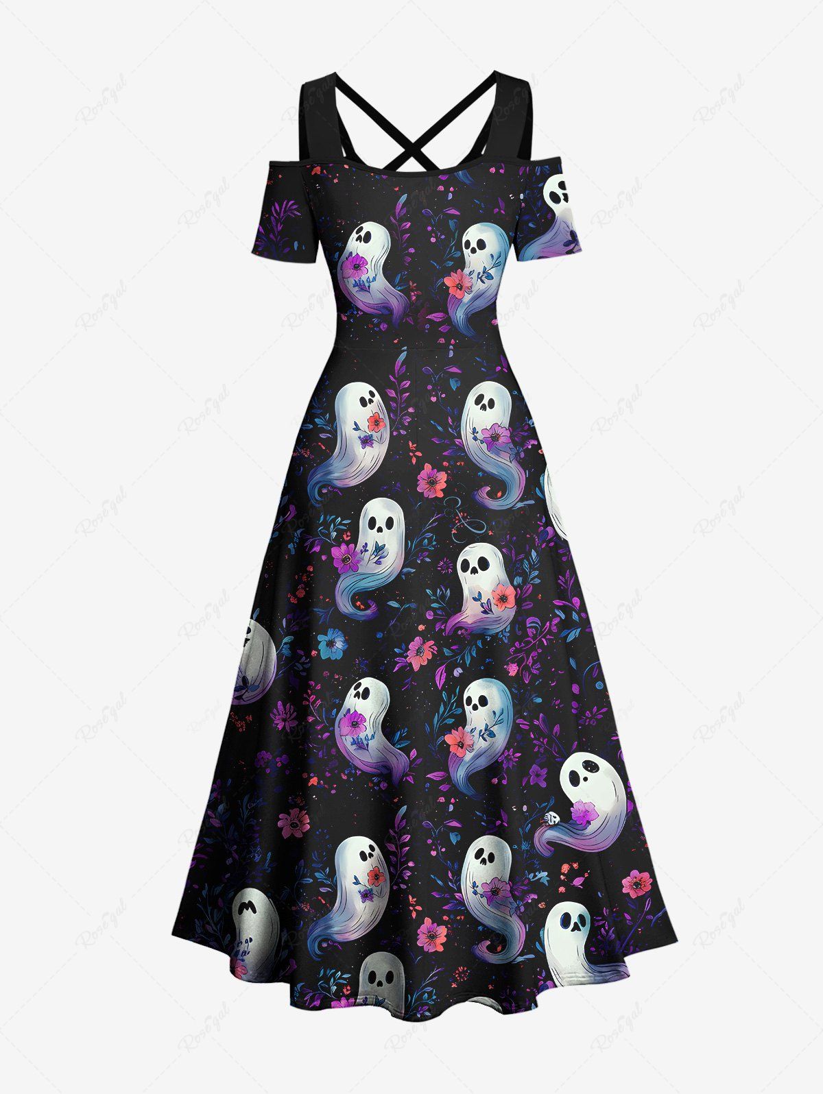 Gothic Plus Size Cute Ghost Flower Print Halloween Costume Crisscross A Line Maxi Dress