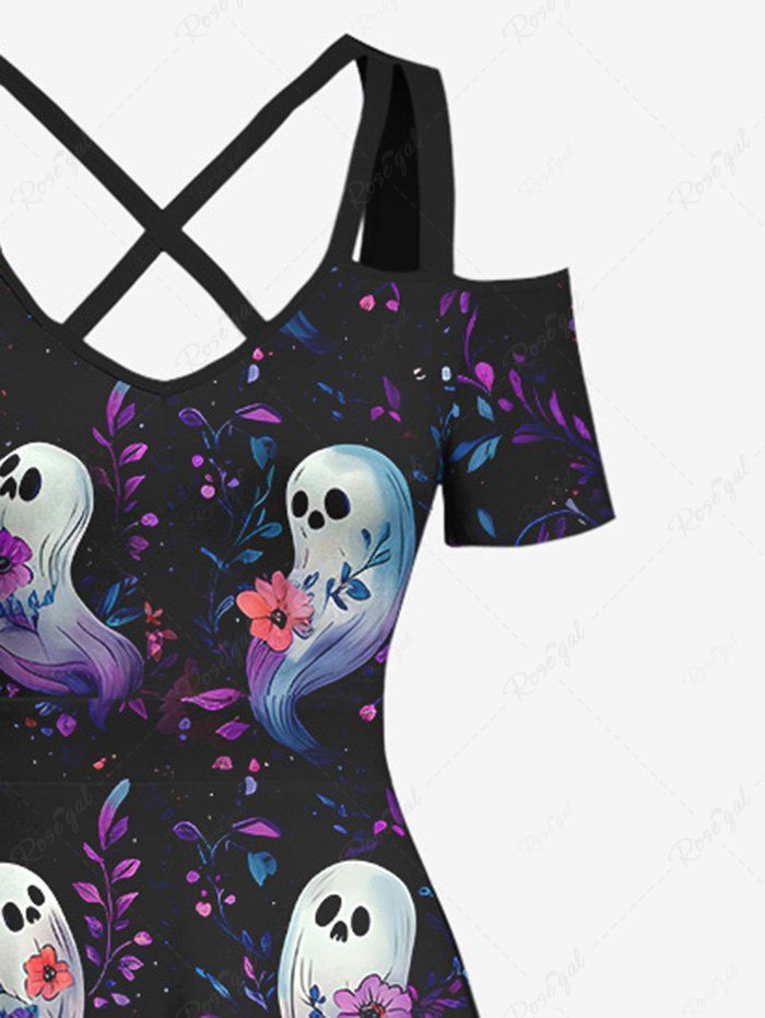 Gothic Plus Size Cute Ghost Flower Print Halloween Costume Crisscross A Line Maxi Dress