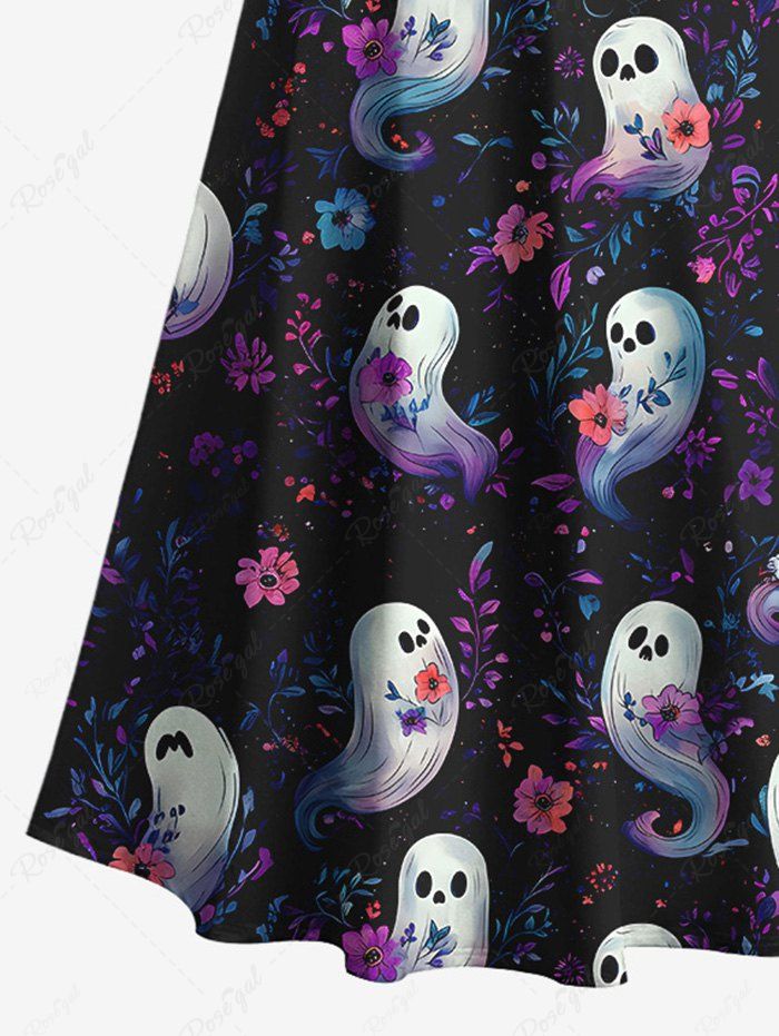 Gothic Plus Size Cute Ghost Flower Print Halloween Costume Crisscross A Line Maxi Dress