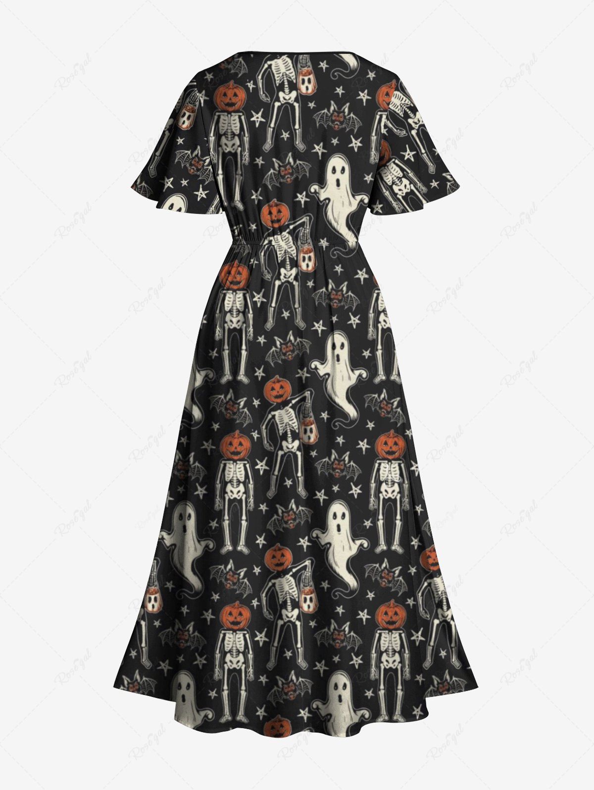 Gothic Plus Size Pumpkin Skeleton Ghost Bat Stars Print Halloween Costume Split Pocket A Line Midi Dress