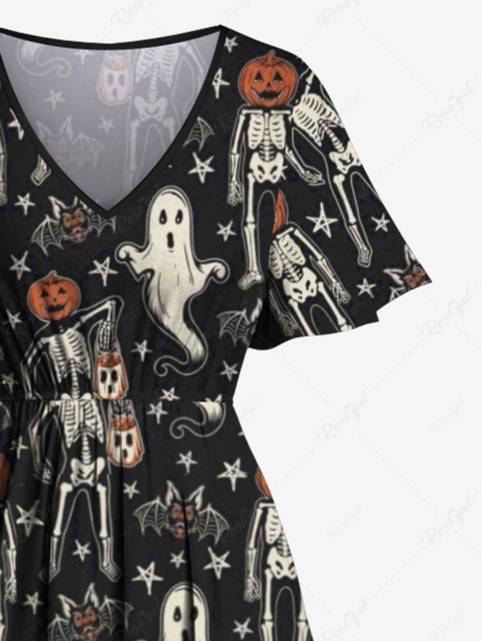 Gothic Plus Size Pumpkin Skeleton Ghost Bat Stars Print Halloween Costume Split Pocket A Line Midi Dress