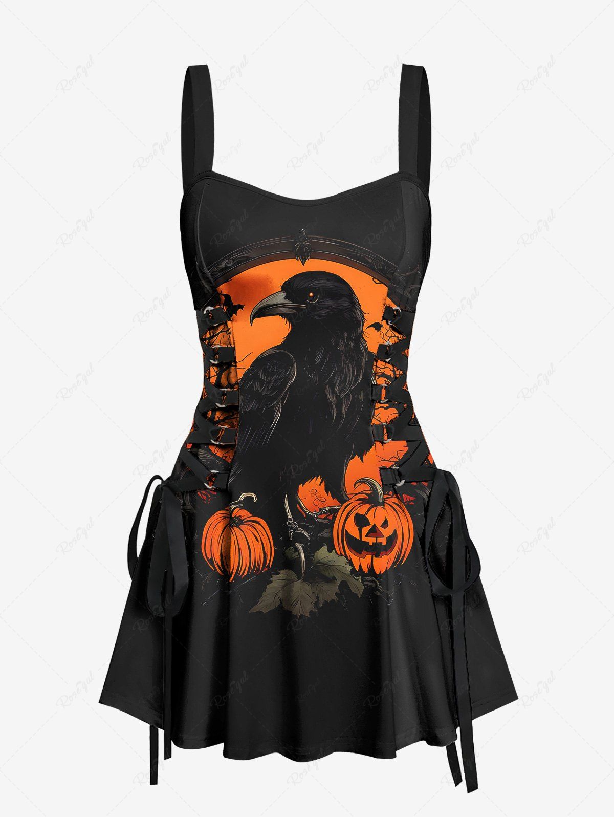 Gothic Eagle Pumpkin Moon Print Halloween Costume Lace Up A Line Tank Dress