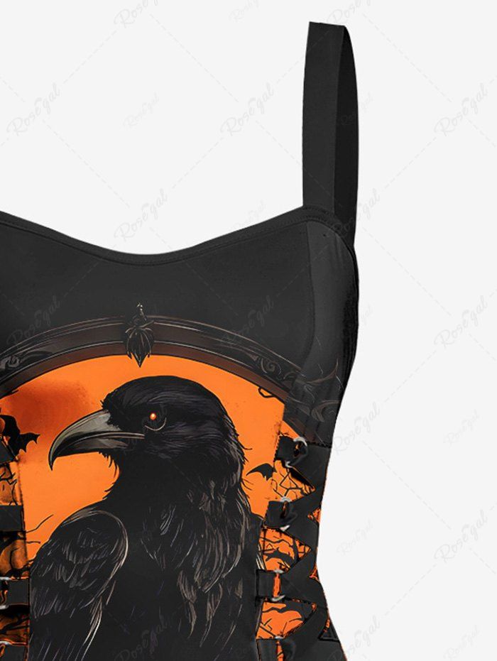 Gothic Eagle Pumpkin Moon Print Halloween Costume Lace Up A Line Tank Dress