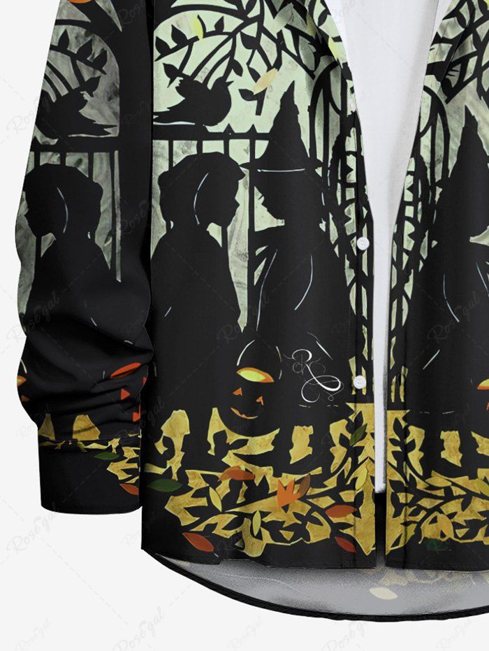 Gothic Plus Size Tree Branch Bird Fence Wizard Print Halloween Button Shirt For Men