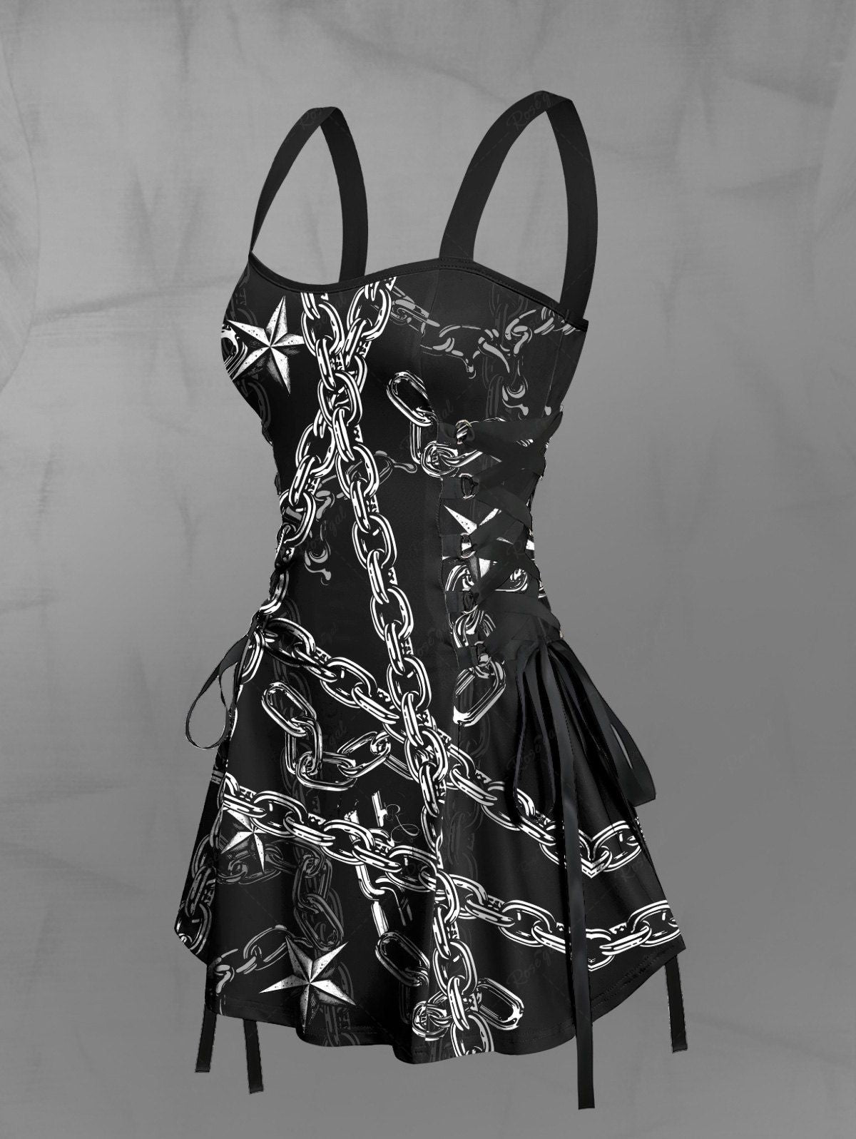 Gothic 3D Chain Stars Print Halloween Costume Lace Up A Line Tank Dress