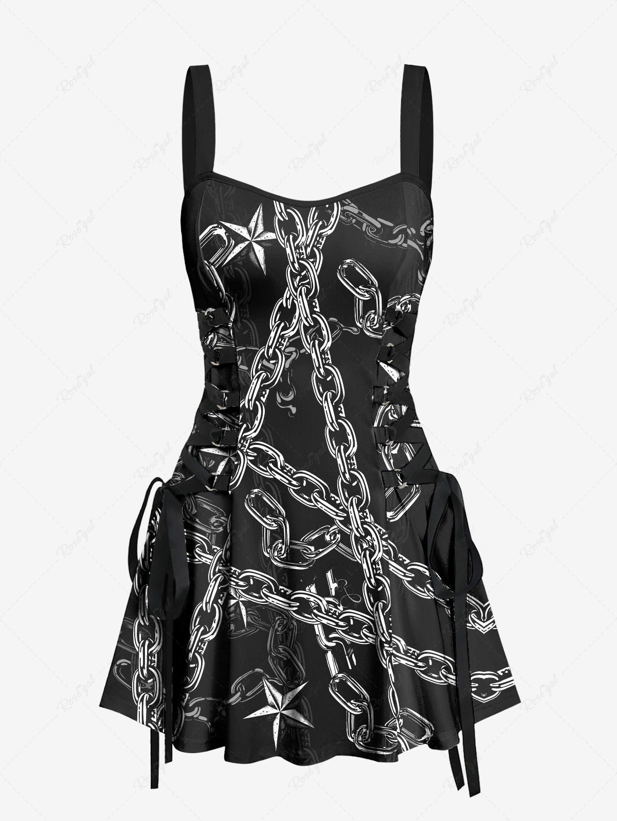 Gothic 3D Chain Stars Print Halloween Costume Lace Up A Line Tank Dress