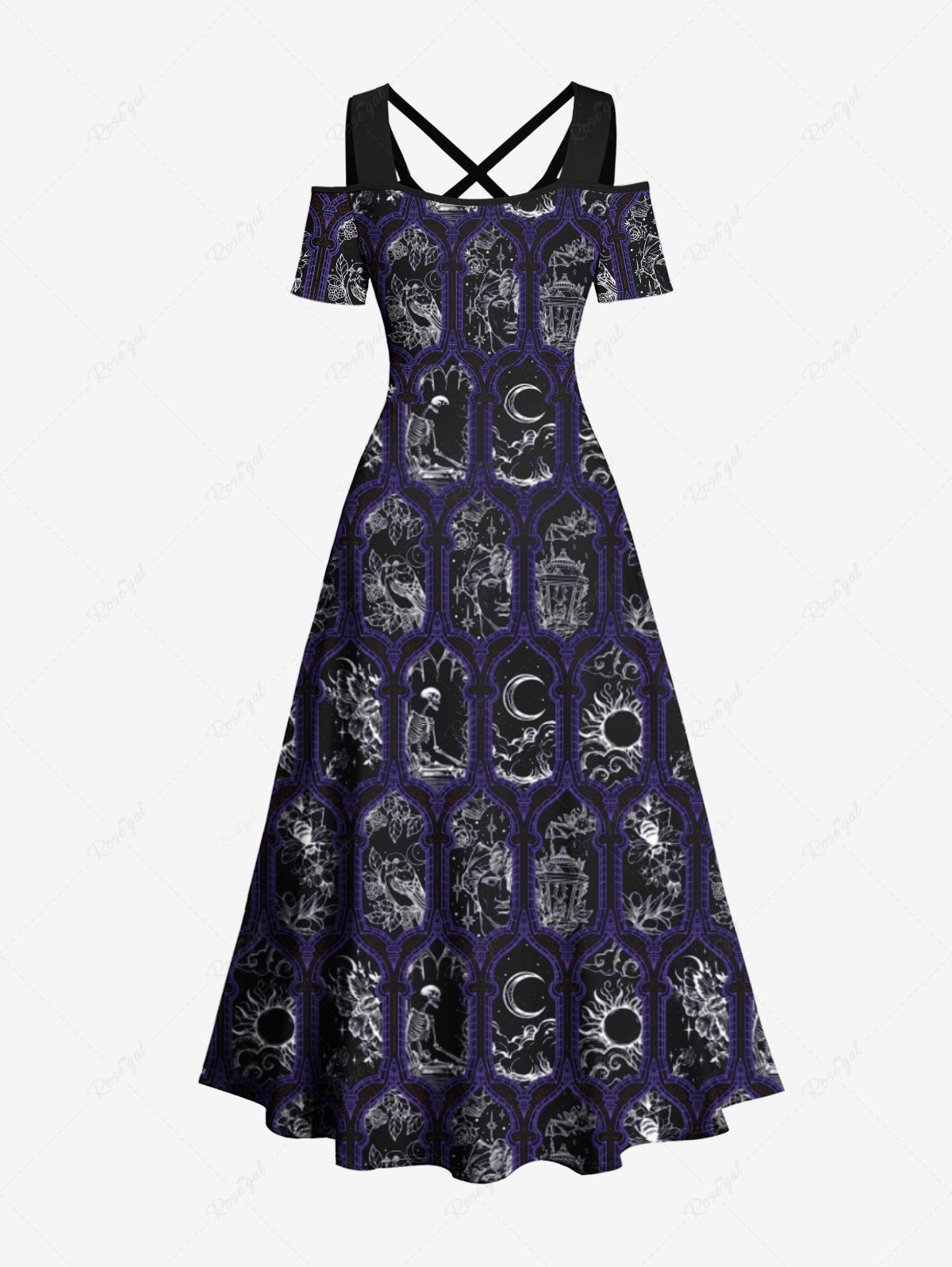 Gothic Plus Size Sun Moon Skeleton Colorblock Print Halloween Costume Crisscross A Line Maxi Dress