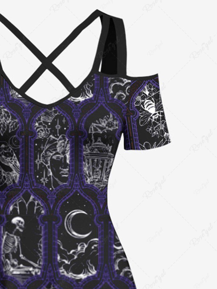 Gothic Plus Size Sun Moon Skeleton Colorblock Print Halloween Costume Crisscross A Line Maxi Dress