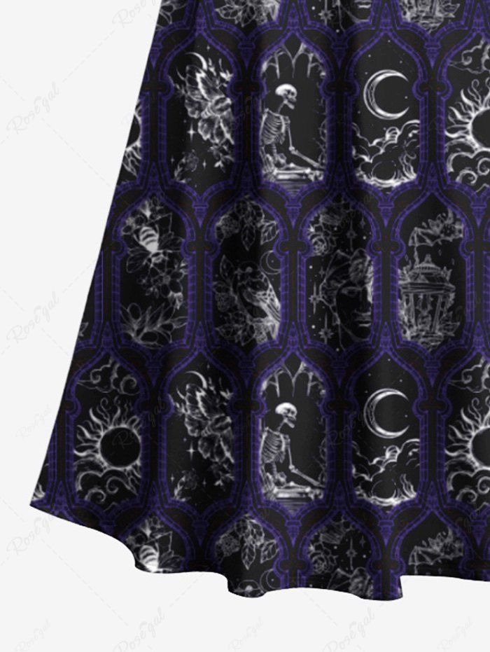 Gothic Plus Size Sun Moon Skeleton Colorblock Print Halloween Costume Crisscross A Line Maxi Dress