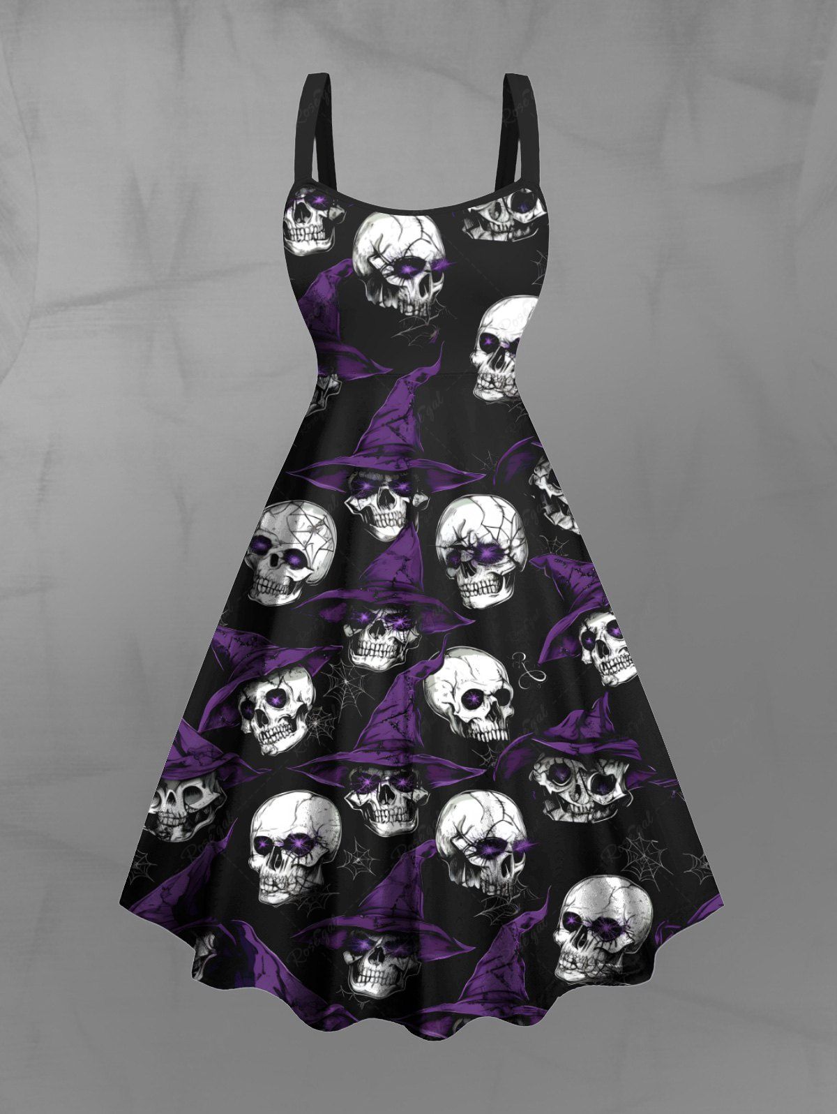 Gothic Plus Size Skull Wizard Spider Web Print Halloween Costume A Line Tank Dress