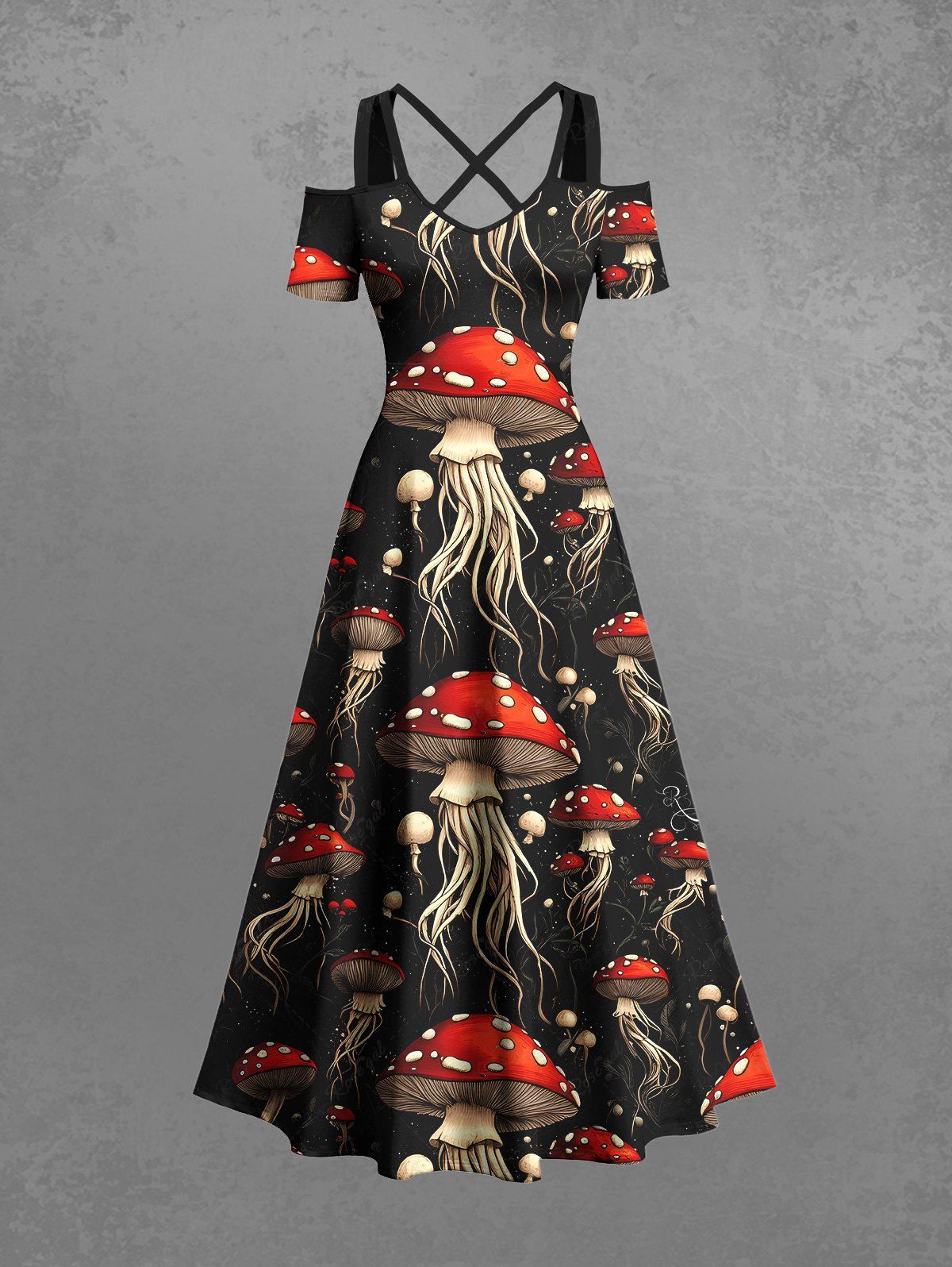 Gothic Plus Size Mushroom Octopus Print Crisscross A Line Maxi Dress