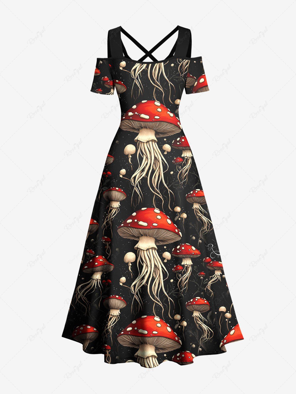 Gothic Plus Size Mushroom Octopus Print Crisscross A Line Maxi Dress