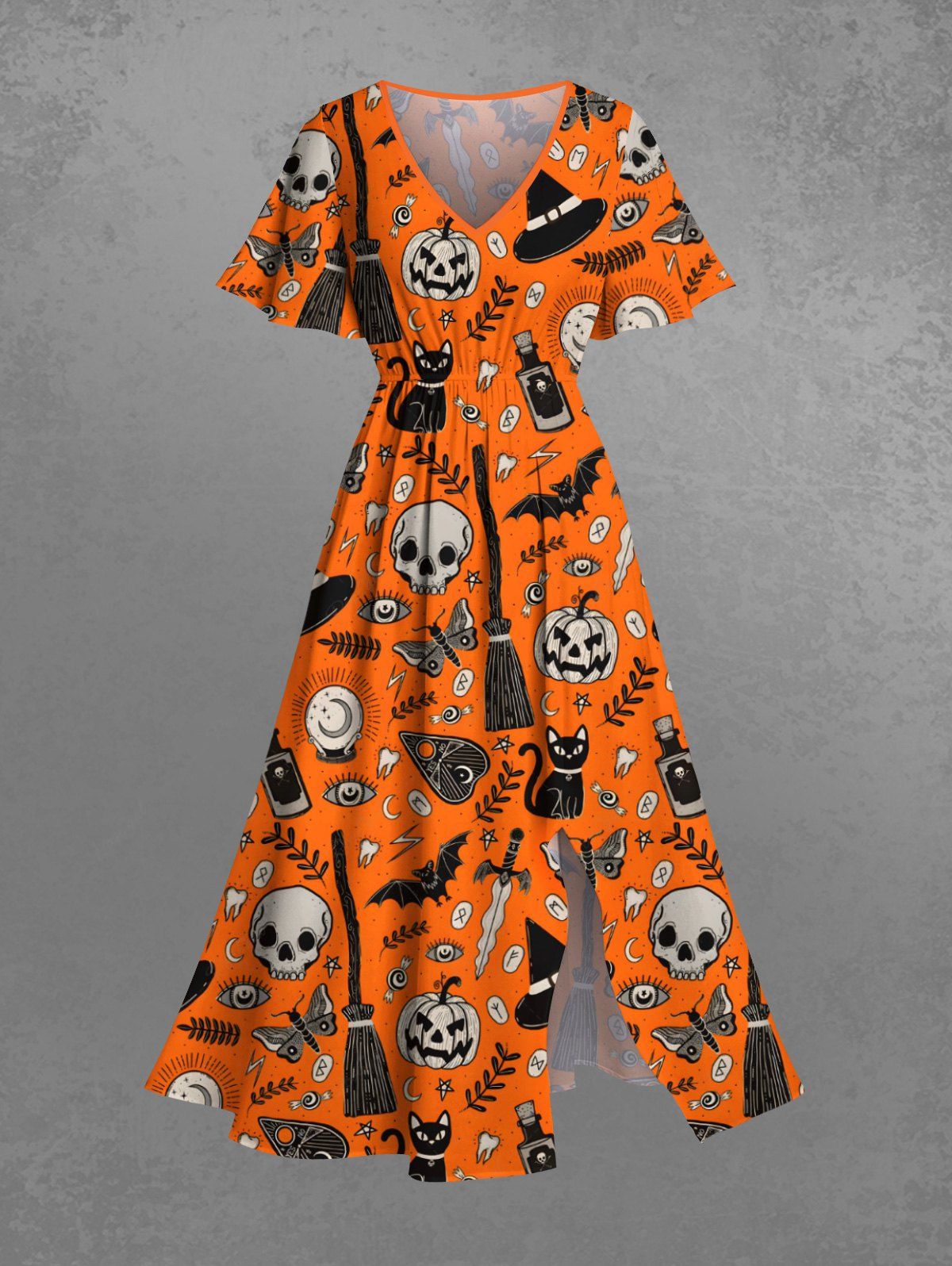 Gothic Plus Size Pumpkin Skull Bat Butterfly Broom Sword Cat Leaf Print Halloween Costume Split Pocket A Line Midi Dress