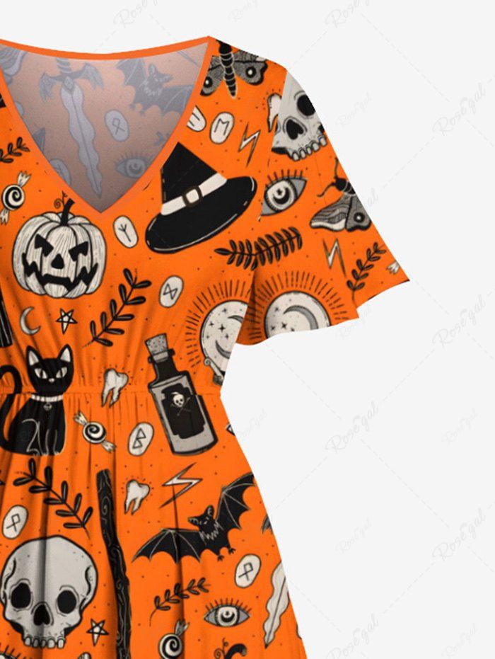 Gothic Plus Size Pumpkin Skull Bat Butterfly Broom Sword Cat Leaf Print Halloween Costume Split Pocket A Line Midi Dress