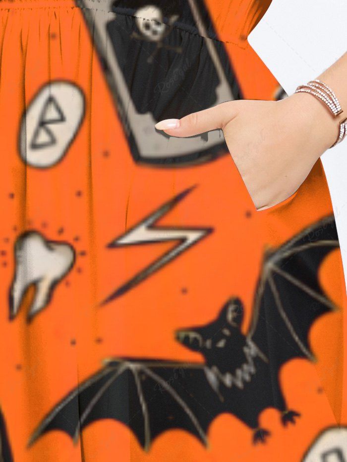 Gothic Plus Size Pumpkin Skull Bat Butterfly Broom Sword Cat Leaf Print Halloween Costume Split Pocket A Line Midi Dress