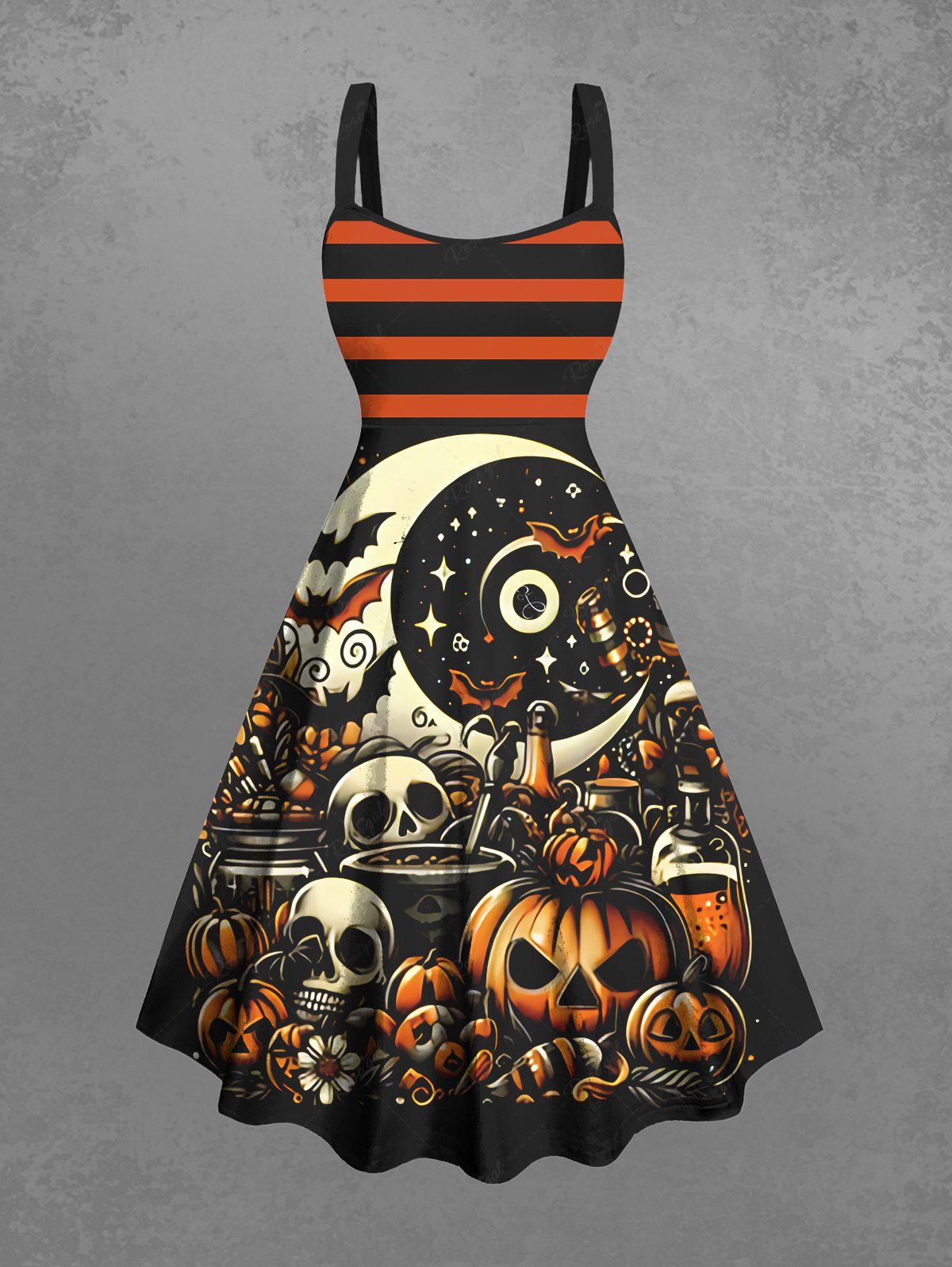 Gothic Plus Size Pumpkin Skull Bat Moon Star Striped Print Halloween Costume A Line Tank Dress