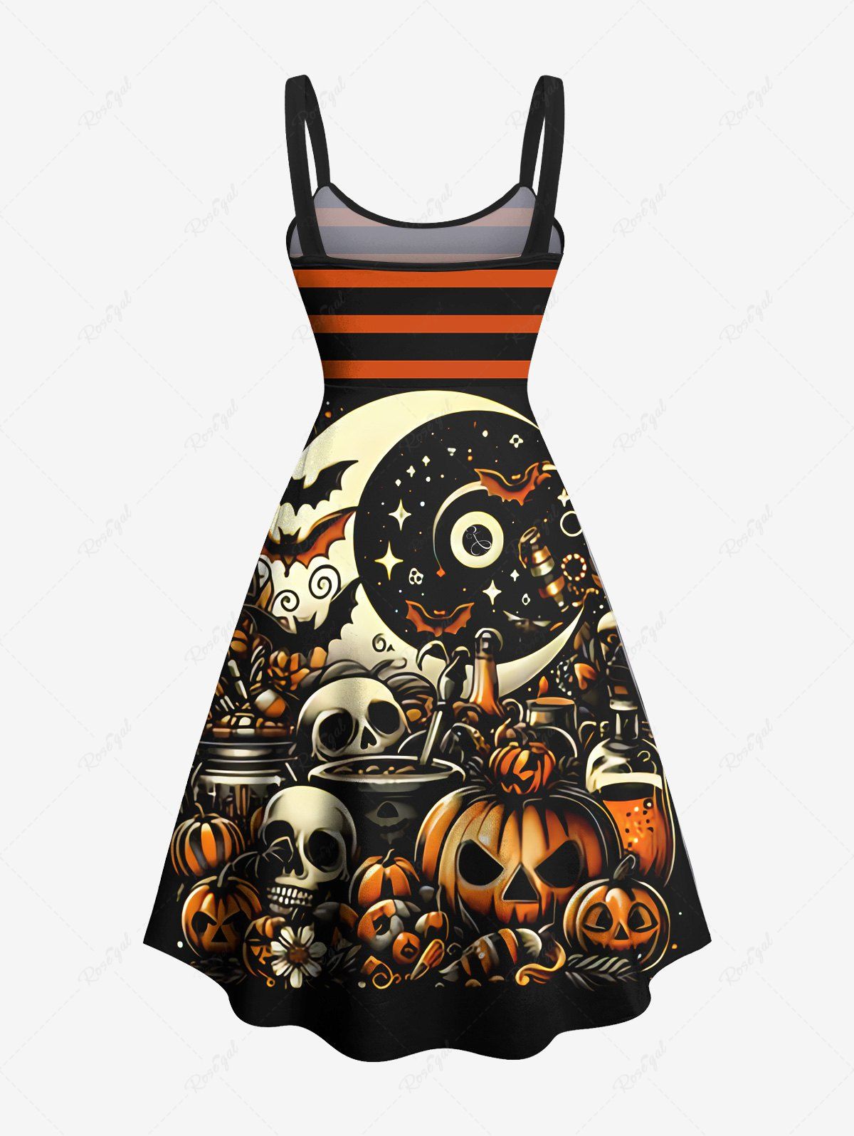 Gothic Plus Size Pumpkin Skull Bat Moon Star Striped Print Halloween Costume A Line Tank Dress