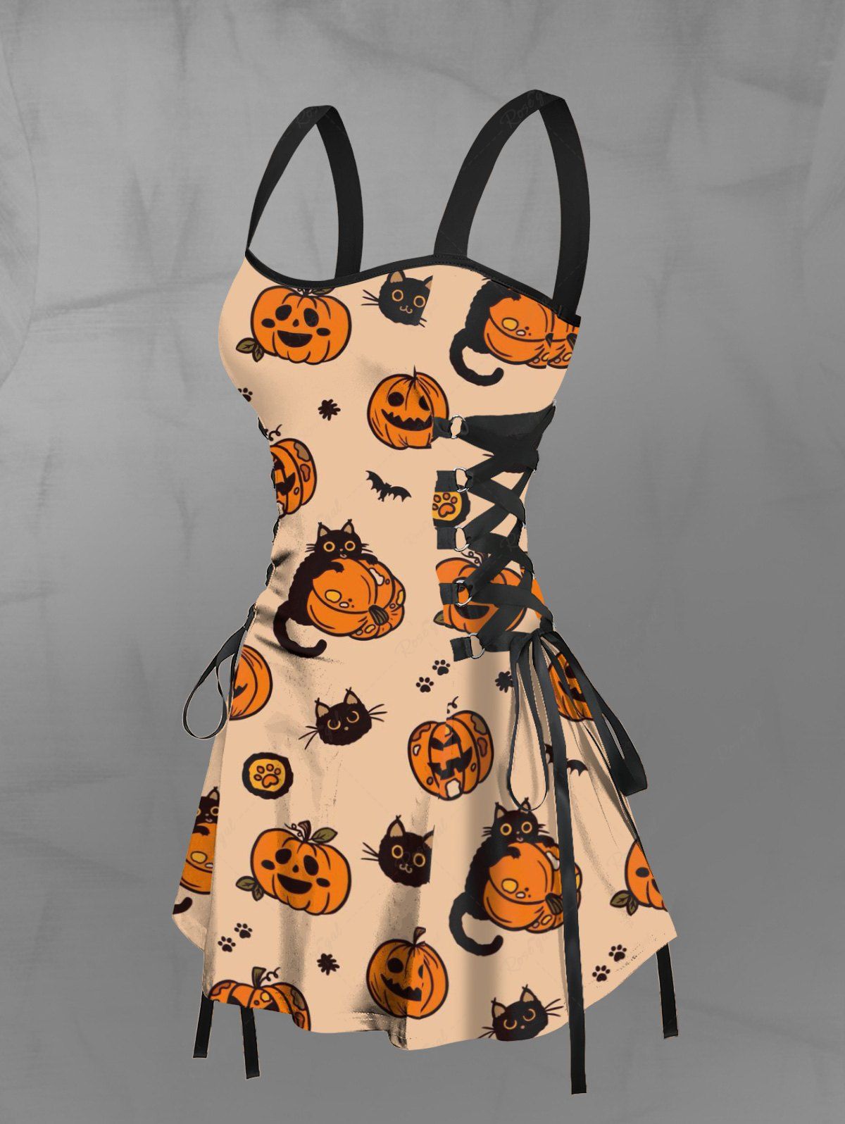 Gothic Pumpkin Cat Bat Print Halloween Costume Lace Up A Line Tank Dress