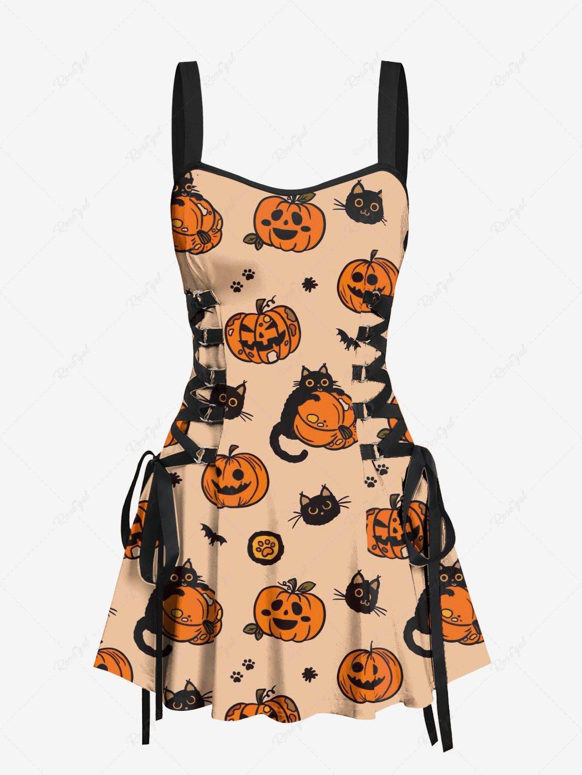 Gothic Pumpkin Cat Bat Print Halloween Costume Lace Up A Line Tank Dress