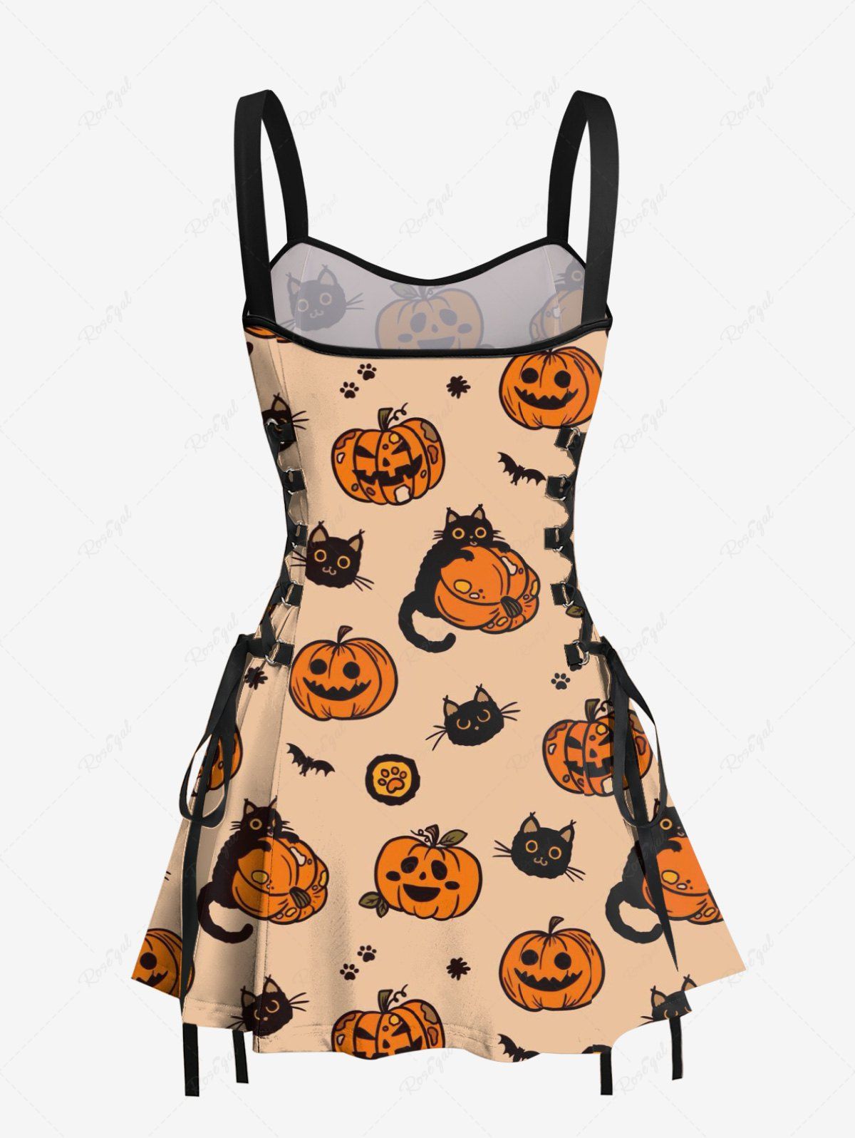 Gothic Pumpkin Cat Bat Print Halloween Costume Lace Up A Line Tank Dress