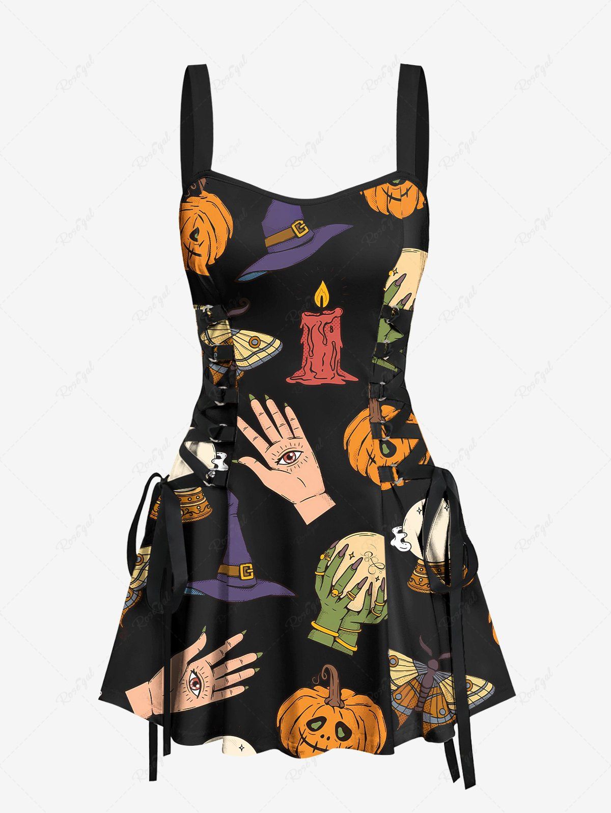 Gothic Pumpkin Hand Eye Skull Hat Candle Butterfly Print Halloween Costume Lace Up A Line Tank Dress