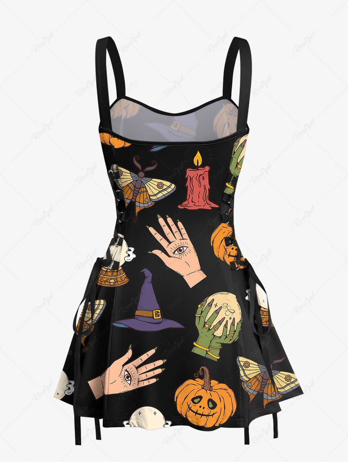 Gothic Pumpkin Hand Eye Skull Hat Candle Butterfly Print Halloween Costume Lace Up A Line Tank Dress