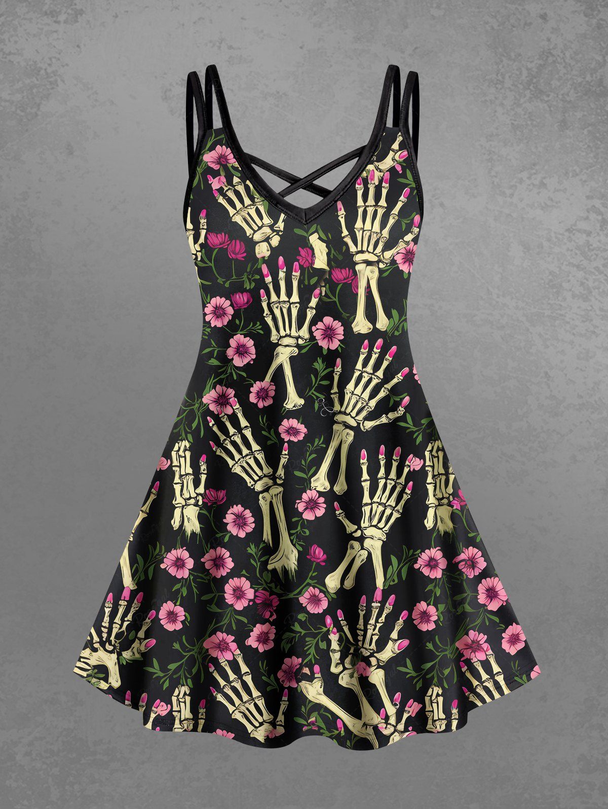 Gothic Plus Size Skeleton Hand Flower Leaf Print Halloween Costume Crisscross A Line Cami Dress