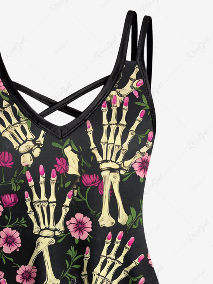 Gothic Plus Size Skeleton Hand Flower Leaf Print Halloween Costume Crisscross A Line Cami Dress