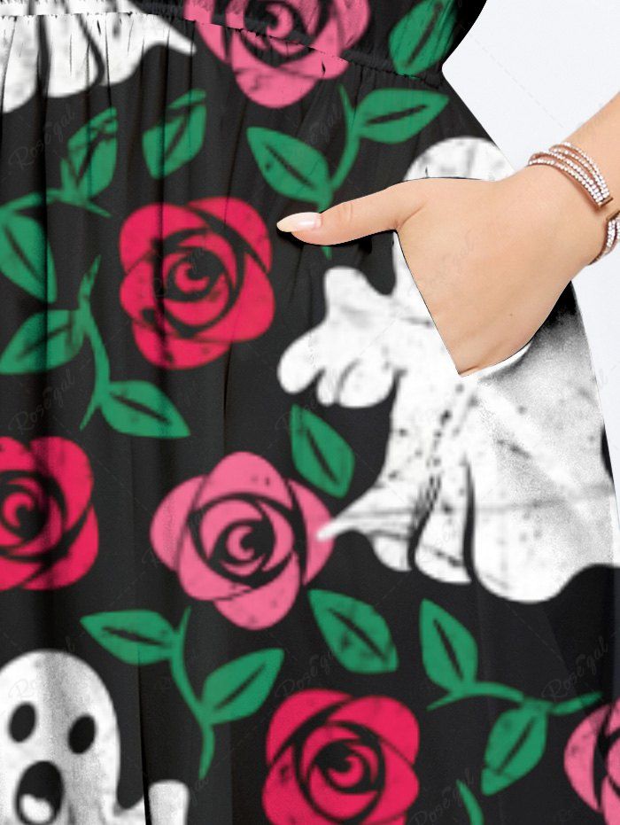 Gothic Plus Size Rose Flower Leaf Ghost Print Halloween Costume Split Pocket A Line Midi Dress