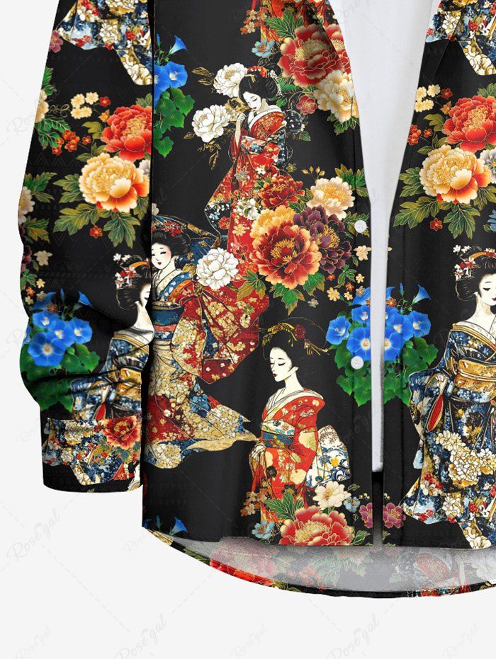 Gothic Plus Size Kimono Women Flower Leaf Print Button Long Sleeves Shirt For Men