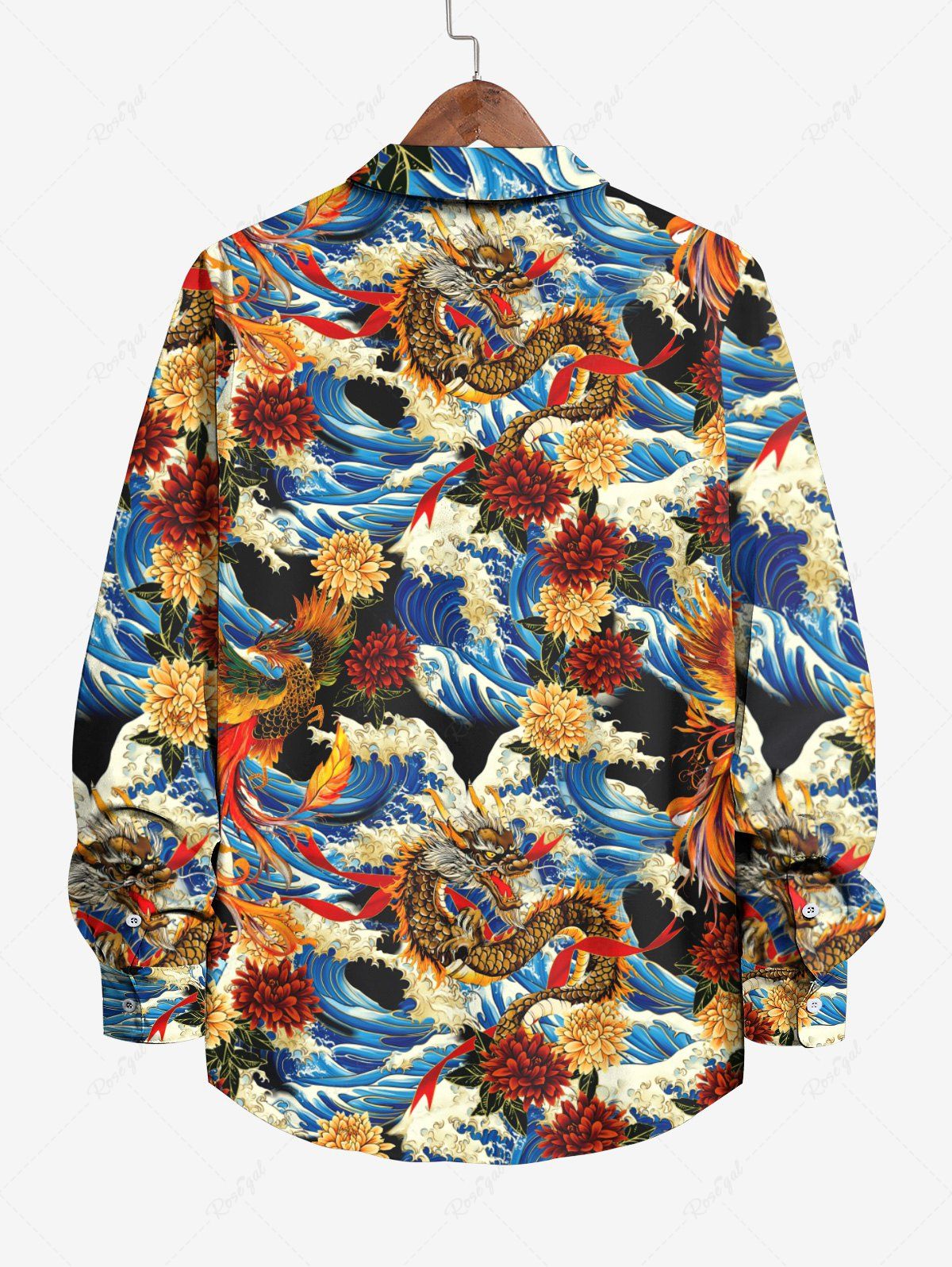 Gothic Plus Size Dragon Phoenix Flower Leaf Sea Waves Print Button Long Sleeves Shirt For Men