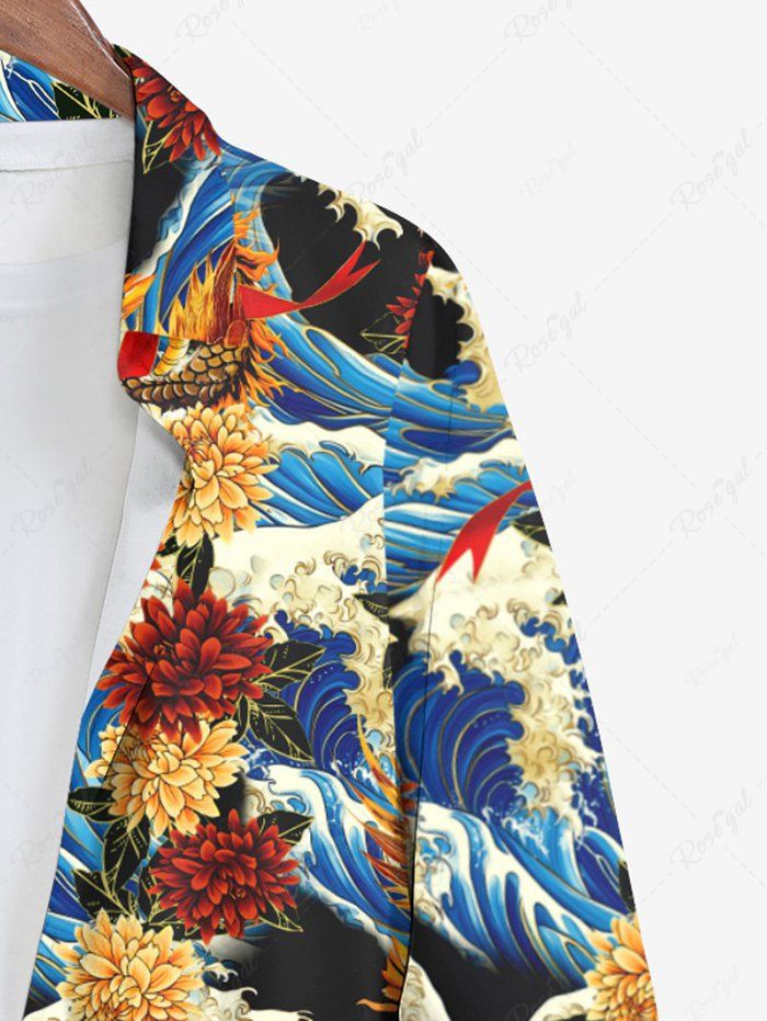 Gothic Plus Size Dragon Phoenix Flower Leaf Sea Waves Print Button Long Sleeves Shirt For Men