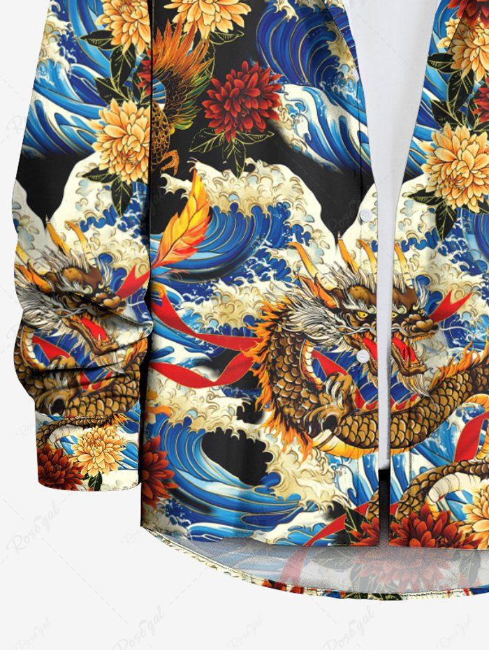 Gothic Plus Size Dragon Phoenix Flower Leaf Sea Waves Print Button Long Sleeves Shirt For Men