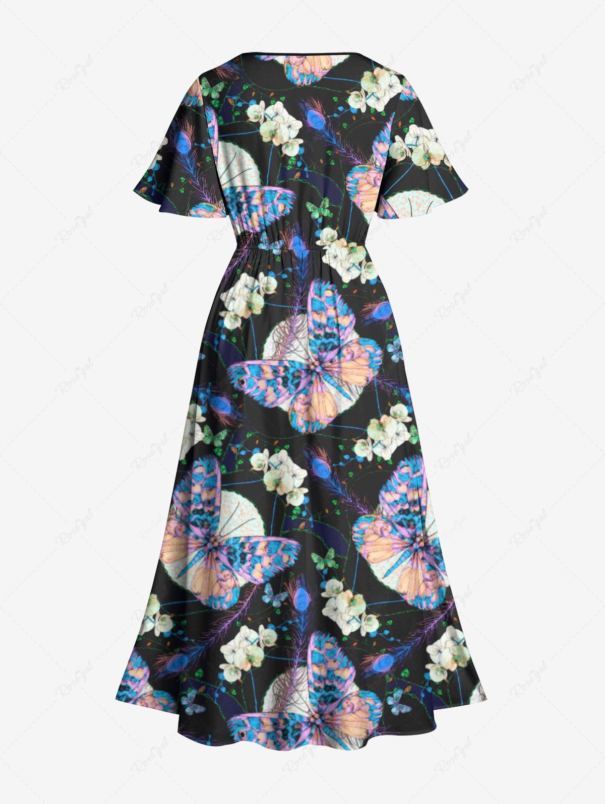 Gothic Plus Size Butterfly Moon Flower Feather Print Split Pocket A Line Midi Dress